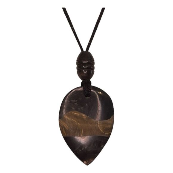 Vintage Statement Necklace Black Brown Resin Tear Drop Pendent Black Cord Bohemi - Picture 1 of 3